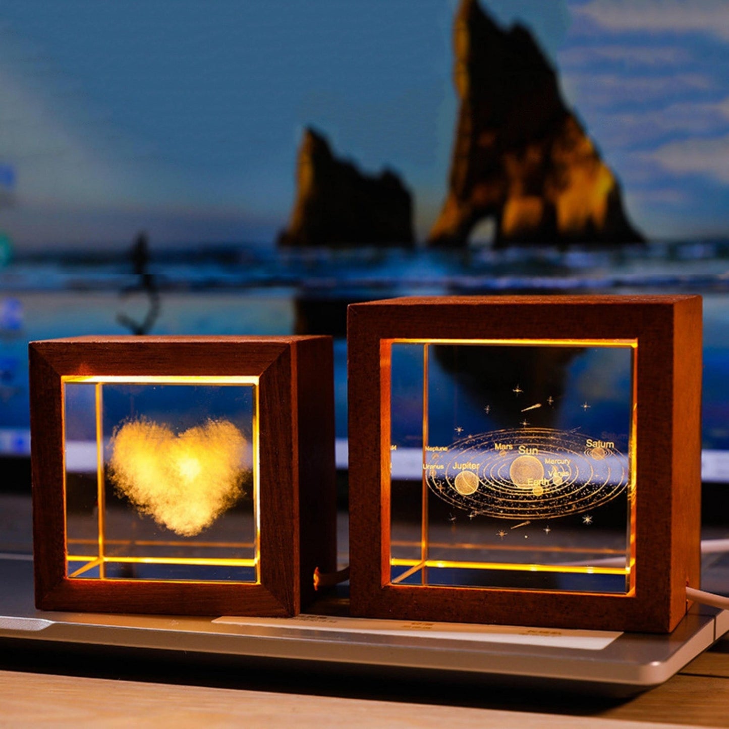 Crystal Lamp with Wooden Frame - Space Mesmerise - Space Gifts | Lamps | Statues | Home Decor