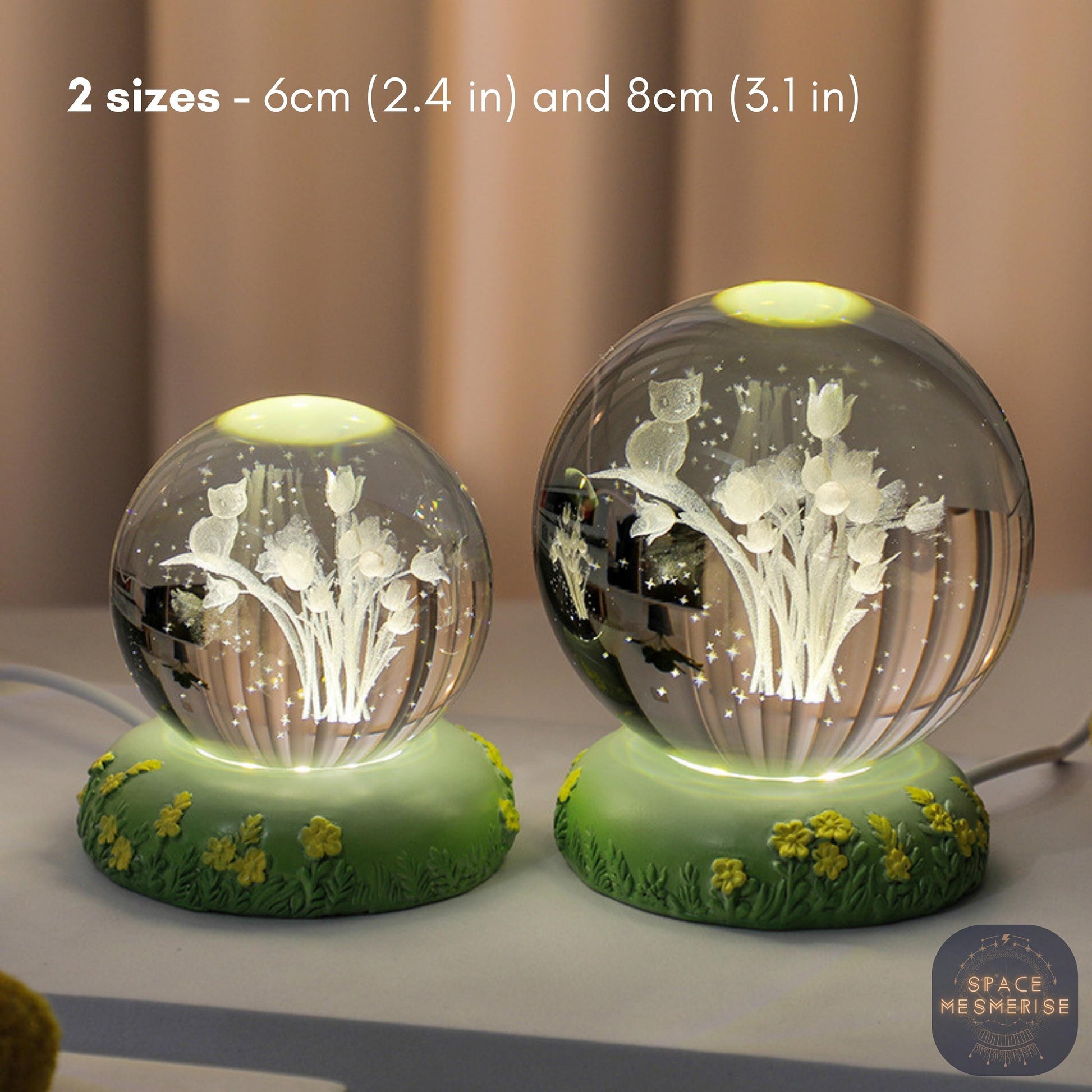 Magical Cat and Flowers Nightlight | Crystal Ball Table Lamp, Desk Lamp and Home Lighting | Kitten and Flowers Design