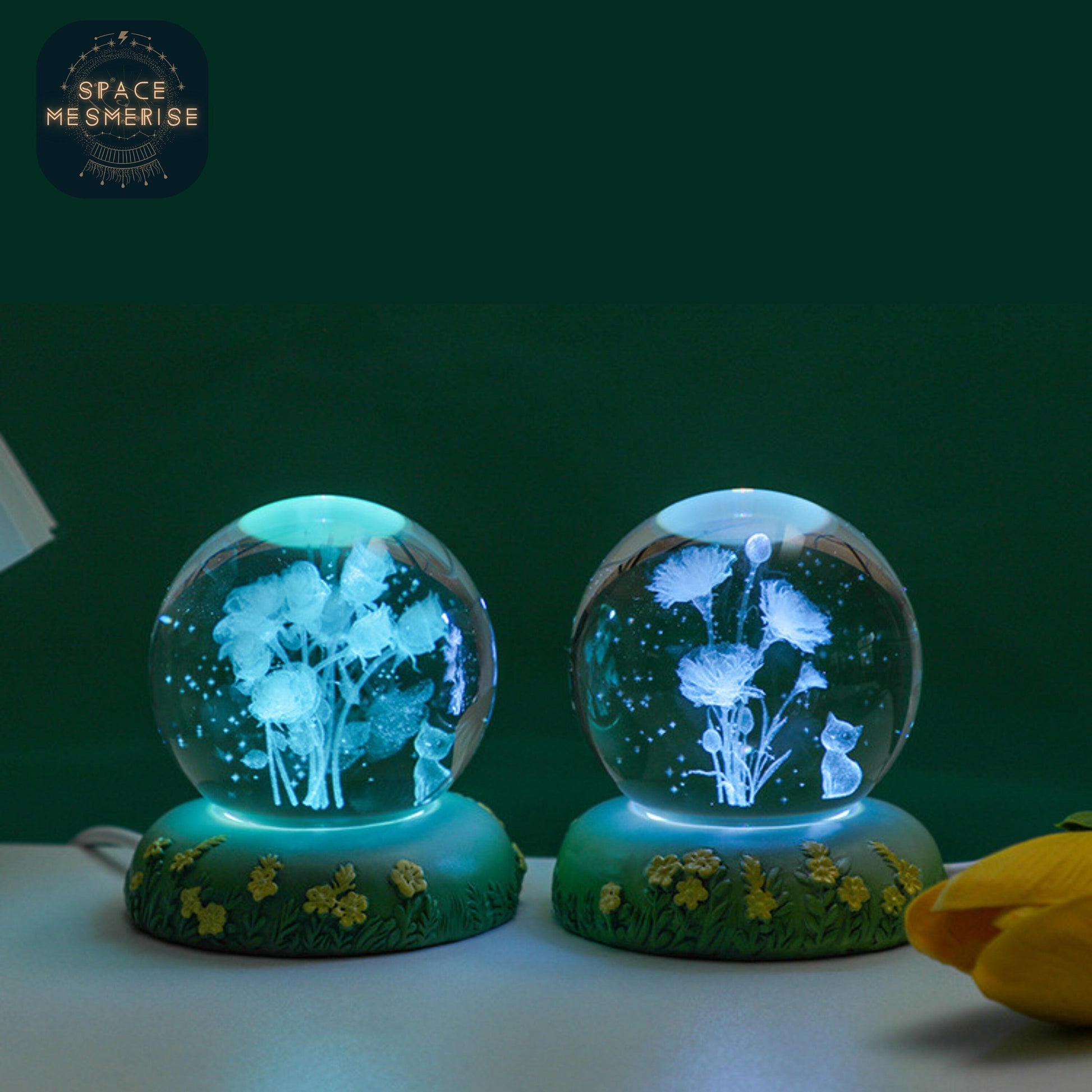 Magical Cat and Flowers Nightlight | Crystal Ball Table Lamp, Desk Lamp and Home Lighting | Colorful Nightlight